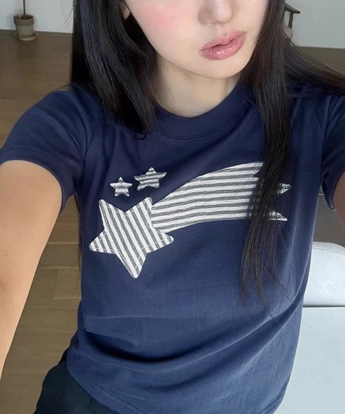 HALEY PESCA(ヘーリーペスカ)の「HALEY PESCA/Shooting Star パッチワークTシャツ(Tシャツ/カットソー・レディース・ネイビー/ホワイト・MEDIUM/SMALL)」の6枚目の写真
