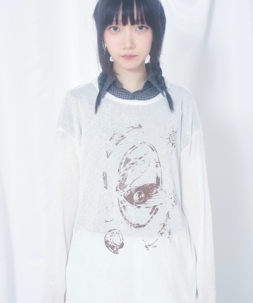 Never mind the XU / Chikashitsu+（ネバーマインド ザ エックスユー / チカシツプラス）の「【Nerd out XU】hand drawing see-through longsleeve / 【ナードアウトエックスユー】ハンドドローイングシースルーロングスリーブ（Tシャツ/カットソー・メンズ・ホワイト・L）」の6枚目の写真