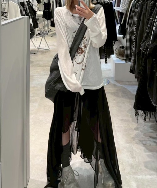 Never mind the XU / Chikashitsu+（ネバーマインド ザ エックスユー / チカシツプラス）の「【Nerd out XU】hand drawing see-through longsleeve / 【ナードアウトエックスユー】ハンドドローイングシースルーロングスリーブ（Tシャツ/カットソー・メンズ・ホワイト・L）」の17枚目の写真