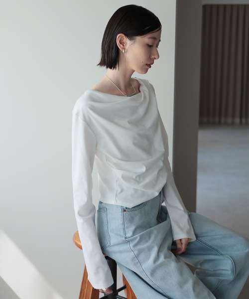 amini（アミニ）の「2WAYドレープオフショルトップス（Tシャツ/カットソー・レディース・ブラウン/ホワイト/チャコールグレー/ブラック/杢グレー/ピンク/イエロー・MEDIUM）」の8枚目の写真