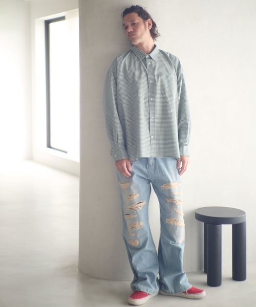 ADAM PATEK(アダムパテック)の「ms6231-small check wide shirt シャツ(AP2525008)(シャツ/ブラウス・メンズ・ブラック/グリーン・1/2)」の6枚目の写真