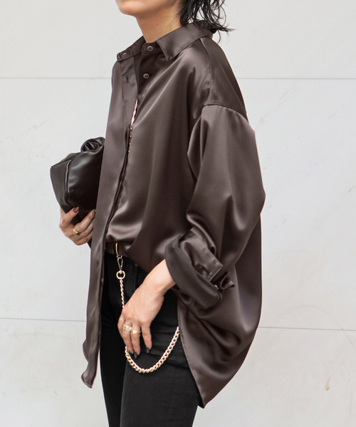 AP STUDIO サテン黒ボタン付きシャツ　新品 サテンシャツ（シャツ/ブラウス）｜AP STUDIO（エーピーストゥディオ