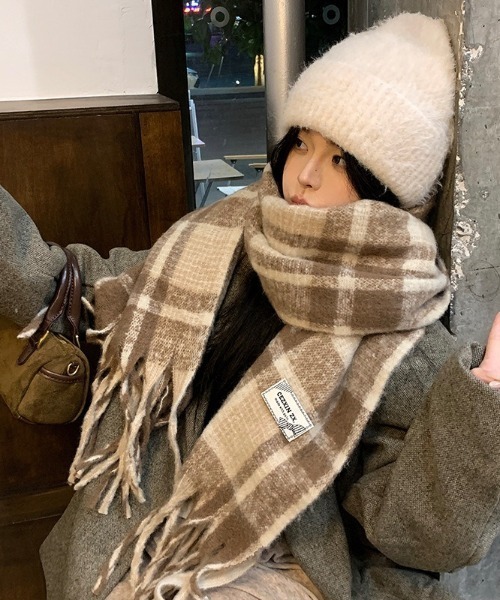 セール】【7色展開】あったかいボリュームチェックフリンジワイド