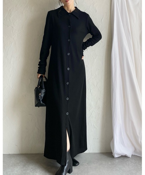 She's Closet(シーズクローゼット)の「ロング丈襟付きリブタイトポロワンピース(ワンピース・レディース・ブラック/チャコールグレー・FREE)」の1枚目の写真