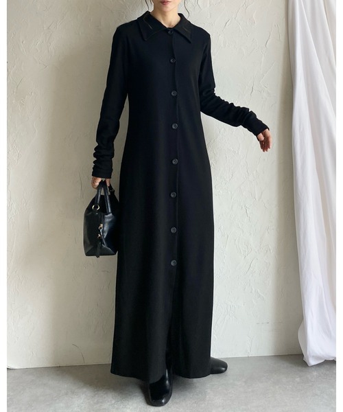 She's Closet(シーズクローゼット)の「ロング丈襟付きリブタイトポロワンピース(ワンピース・レディース・ブラック/チャコールグレー・FREE)」の3枚目の写真