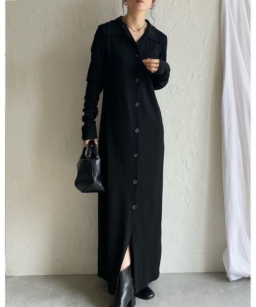 She's Closet(シーズクローゼット)の「ロング丈襟付きリブタイトポロワンピース(ワンピース・レディース・ブラック/チャコールグレー・FREE)」の9枚目の写真