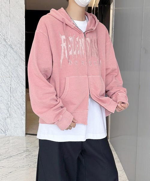 FVLMEN（フルメン）の「【FVLMEN】logo embroidery snow wash short W zip parka/ロゴ 刺繍 スノー ウォッシュ 短丈 ダブル ジップ パーカー（パーカー・メンズ・チャコールグレー/ブラック/ピンク・MEDIUM/LARGE）」の3枚目の写真