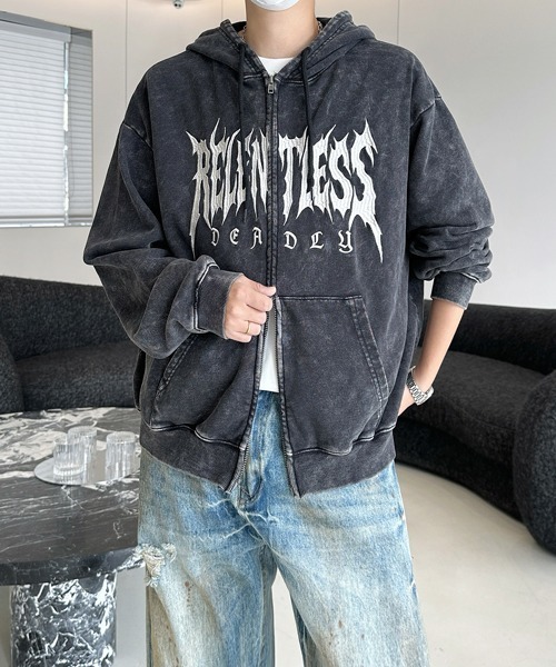 FVLMEN（フルメン）の「【FVLMEN】logo embroidery snow wash short W zip parka/ロゴ 刺繍 スノー ウォッシュ 短丈 ダブル ジップ パーカー（パーカー・メンズ・チャコールグレー/ブラック/ピンク・MEDIUM/LARGE）」の7枚目の写真