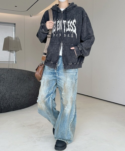 FVLMEN（フルメン）の「【FVLMEN】logo embroidery snow wash short W zip parka/ロゴ 刺繍 スノー ウォッシュ 短丈 ダブル ジップ パーカー（パーカー・メンズ・チャコールグレー/ブラック/ピンク・MEDIUM/LARGE）」の17枚目の写真