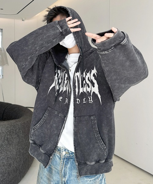 FVLMEN（フルメン）の「【FVLMEN】logo embroidery snow wash short W zip parka/ロゴ 刺繍 スノー ウォッシュ 短丈 ダブル ジップ パーカー（パーカー・メンズ・チャコールグレー/ブラック/ピンク・MEDIUM/LARGE）」の13枚目の写真