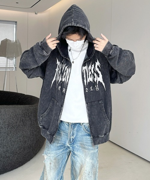 FVLMEN（フルメン）の「【FVLMEN】logo embroidery snow wash short W zip parka/ロゴ 刺繍 スノー ウォッシュ 短丈 ダブル ジップ パーカー（パーカー・メンズ・チャコールグレー/ブラック/ピンク・MEDIUM/LARGE）」の15枚目の写真