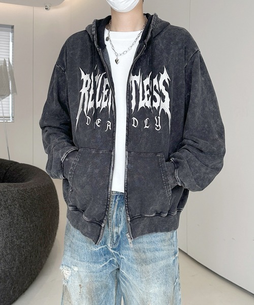 FVLMEN（フルメン）の「【FVLMEN】logo embroidery snow wash short W zip parka/ロゴ 刺繍 スノー ウォッシュ 短丈 ダブル ジップ パーカー（パーカー・メンズ・チャコールグレー/ブラック/ピンク・MEDIUM/LARGE）」の12枚目の写真