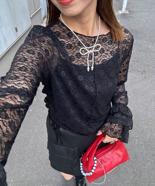 CIAOPANIC(チャオパニック)の「袖ティアードシャーリングレーストップス(Tシャツ/カットソー・レディース・オフホワイト/ブラック/アイボリー/ブラウン・ONE SIZE)」の1枚目の写真