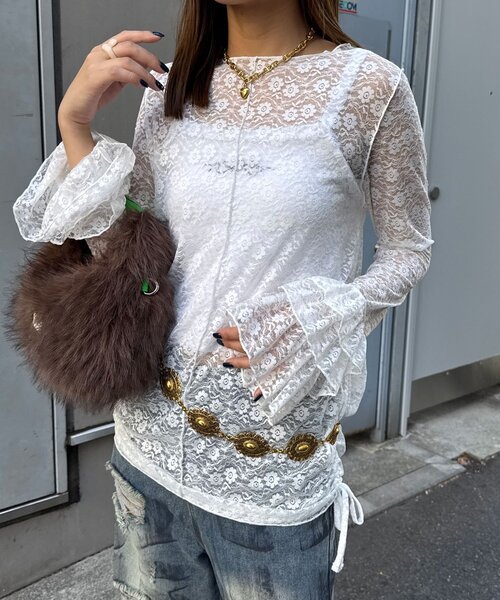 CIAOPANIC(チャオパニック)の「袖ティアードシャーリングレーストップス(Tシャツ/カットソー・レディース・オフホワイト/ブラック/アイボリー/ブラウン・ONE SIZE)」の6枚目の写真