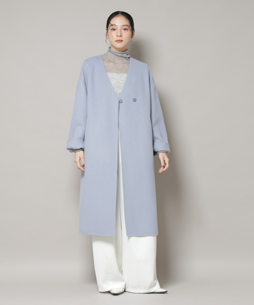 セール】SUPER110blend リバーノーカラーロングコート（ノーカラー