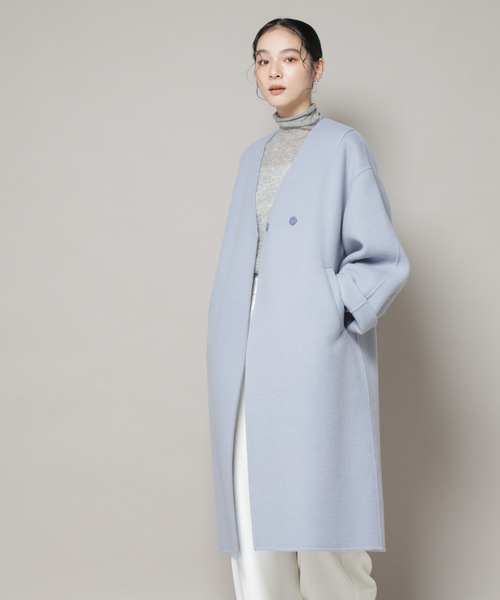 NANO universe（ナノユニバース）の「SUPER110blend リバーノーカラーロングコート（ノーカラーコート・レディース・ブラック/ライトブルー/アイボリー・S/M）」の7枚目の写真