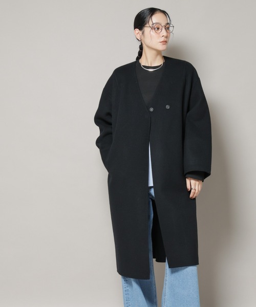 SUPER110blend リバーノーカラーロングコート（ノーカラーコート