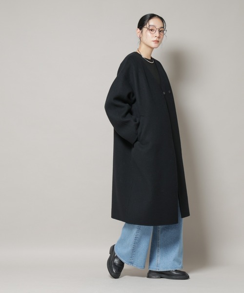 SUPER110blend リバーノーカラーロングコート（ノーカラーコート