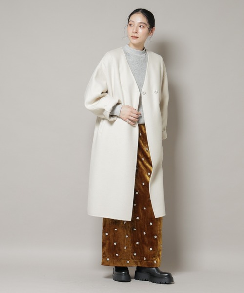 NANO universe（ナノユニバース）の「SUPER110blend リバーノーカラーロングコート（ノーカラーコート・レディース・ブラック/ライトブルー/アイボリー・S/M）」の18枚目の写真