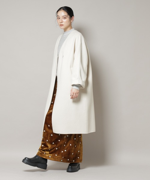 NANO universe（ナノユニバース）の「SUPER110blend リバーノーカラーロングコート（ノーカラーコート・レディース・ブラック/ライトブルー/アイボリー・S/M）」の20枚目の写真