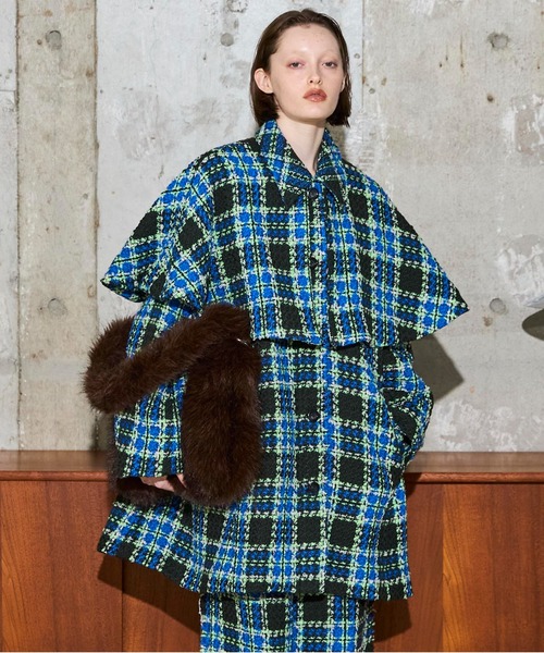 セール】Color Check 2Way Cape Coat / カラーチェック2WAYケープ
