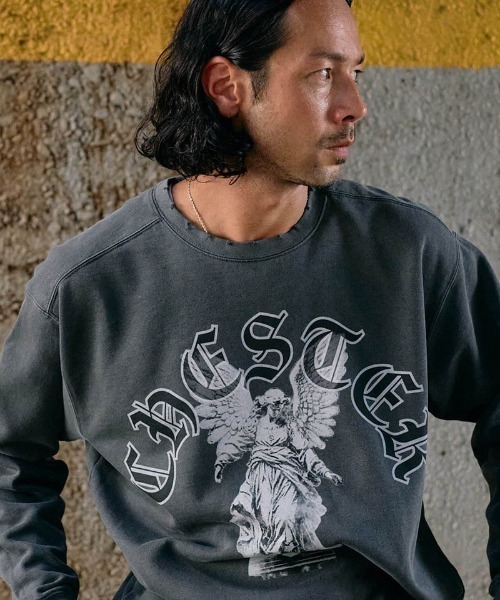 msw1795- ピグメント後染デザインプリント クルーネックスウェット