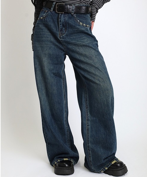 Max J(マックスジェイ)の「【Max J】フレアワイドパンツ(デニムパンツ・レディース・ブラック/ブルー・LARGE/SMALL/MEDIUM)」の2枚目の写真