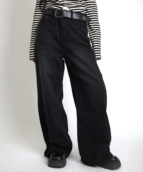 Max J(マックスジェイ)の「【Max J】フレアワイドパンツ(デニムパンツ・レディース・ブラック/ブルー・LARGE/SMALL/MEDIUM)」の1枚目の写真