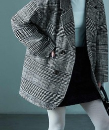 人気　Drawer グレンチェック テーラードジャケット　シルク混　グレー セール】グレンチェック柄ダブルテーラードジャケット（テーラード