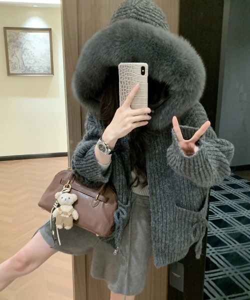 セール】【秋冬新作】ファーフードニットジップパーカー（ニット