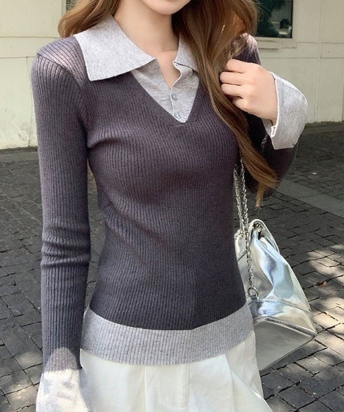ViViDAY(ビビデー)の「シャツレイヤード風ニットカットソー(ニット/セーター・レディース・ブラック/グレー・M)」の19枚目の写真
