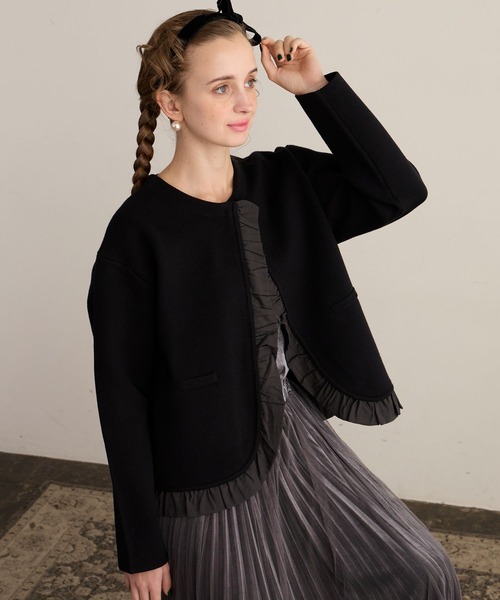 セール】【BONLECILL noir】フリルノーカラーニットジャケット（ノー