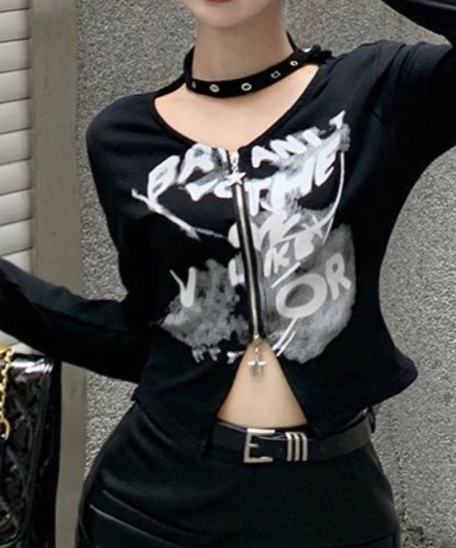 lilful(リルフル)の「【26年春夏新作】アイレットチョーカーデザイン ぼかしロゴプリント ダブルジップトップス(Tシャツ/カットソー・レディース・ホワイト/ブラック・S/M)」の6枚目の写真