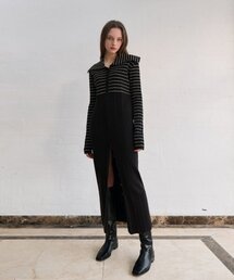 ストライプセーラーカラーゴルジドレス - ブラック