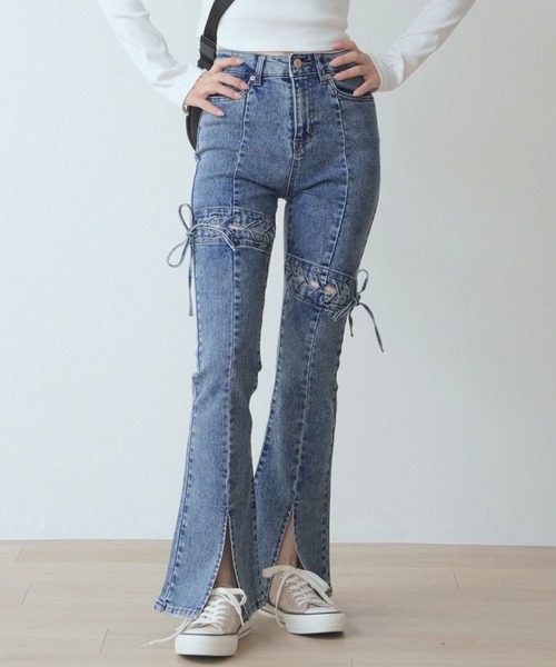 .WORKS（ドットワークス）の「アシメトリーレースアップ　ストレッチデニムフレアーパンツ（デニムパンツ・レディース・ダークグレー/ダークブルー/サックスブルー・61/64）」の3枚目の写真