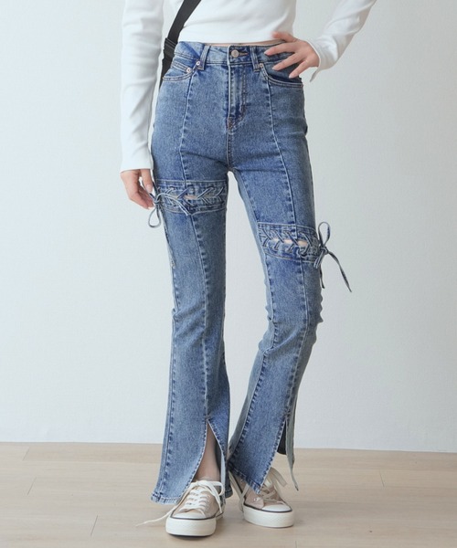 .WORKS（ドットワークス）の「アシメトリーレースアップ　ストレッチデニムフレアーパンツ（デニムパンツ・レディース・ダークグレー/ダークブルー/サックスブルー・61/64）」の21枚目の写真