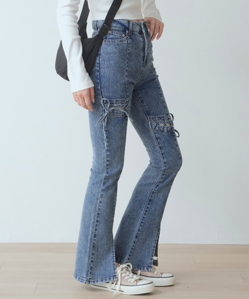 .WORKS（ドットワークス）の「アシメトリーレースアップ　ストレッチデニムフレアーパンツ（デニムパンツ・レディース・ダークグレー/ダークブルー/サックスブルー・61/64）」の22枚目の写真