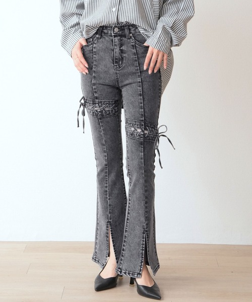 .WORKS（ドットワークス）の「アシメトリーレースアップ　ストレッチデニムフレアーパンツ（デニムパンツ・レディース・ダークグレー/ダークブルー/サックスブルー・61/64）」の6枚目の写真