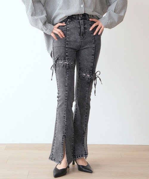 .WORKS（ドットワークス）の「アシメトリーレースアップ　ストレッチデニムフレアーパンツ（デニムパンツ・レディース・ダークグレー/ダークブルー/サックスブルー・61/64）」の7枚目の写真