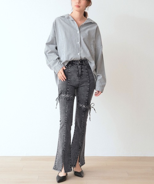 .WORKS（ドットワークス）の「アシメトリーレースアップ　ストレッチデニムフレアーパンツ（デニムパンツ・レディース・ダークグレー/ダークブルー/サックスブルー・61/64）」の11枚目の写真