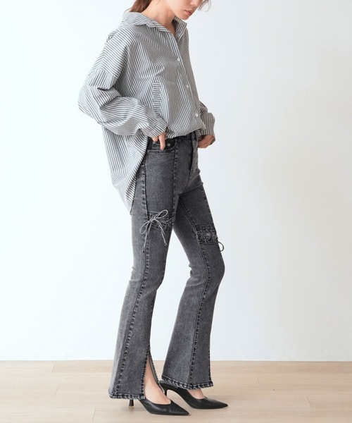 .WORKS（ドットワークス）の「アシメトリーレースアップ　ストレッチデニムフレアーパンツ（デニムパンツ・レディース・ダークグレー/ダークブルー/サックスブルー・61/64）」の12枚目の写真