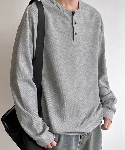 WESTSEA(ウエストシー)の「ヘンリーネック 無地 長袖Tシャツ 薄手(Tシャツ/カットソー・メンズ・グレー/ブラック/ホワイト・M/L/XL)」の1枚目の写真