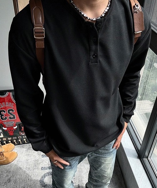 WESTSEA(ウエストシー)の「ヘンリーネック 無地 長袖Tシャツ 薄手(Tシャツ/カットソー・メンズ・グレー/ブラック/ホワイト・M/L/XL)」の3枚目の写真