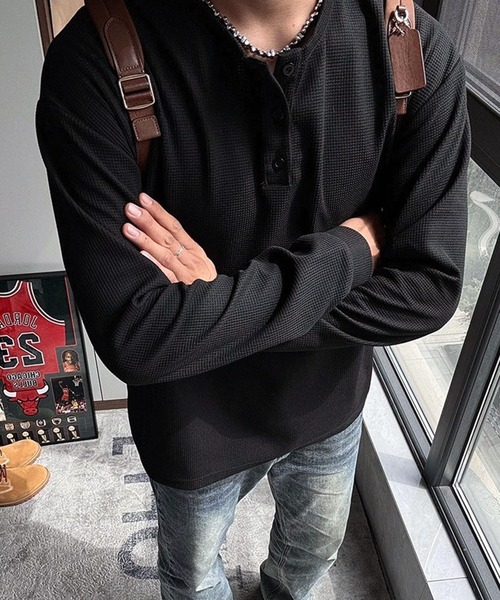 WESTSEA(ウエストシー)の「ヘンリーネック 無地 長袖Tシャツ 薄手(Tシャツ/カットソー・メンズ・グレー/ブラック/ホワイト・M/L/XL)」の11枚目の写真