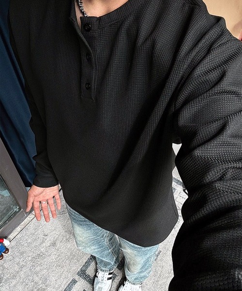 WESTSEA(ウエストシー)の「ヘンリーネック 無地 長袖Tシャツ 薄手(Tシャツ/カットソー・メンズ・グレー/ブラック/ホワイト・M/L/XL)」の9枚目の写真