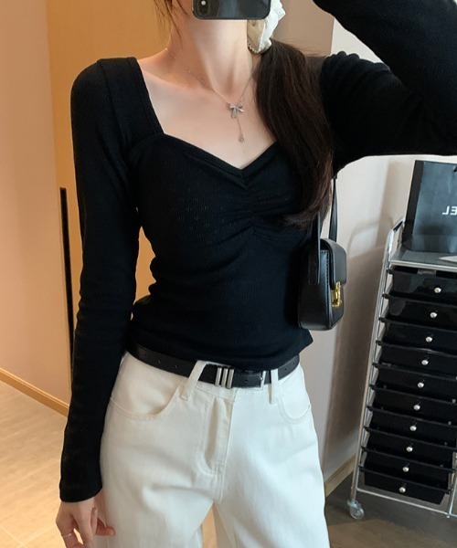 LAC-VERT（ラック・ヴェール）の「ギャザータイトフィットトップス（Tシャツ/カットソー・レディース・ホワイト/ピンク/イエロー/ブラック・FREE）」の9枚目の写真