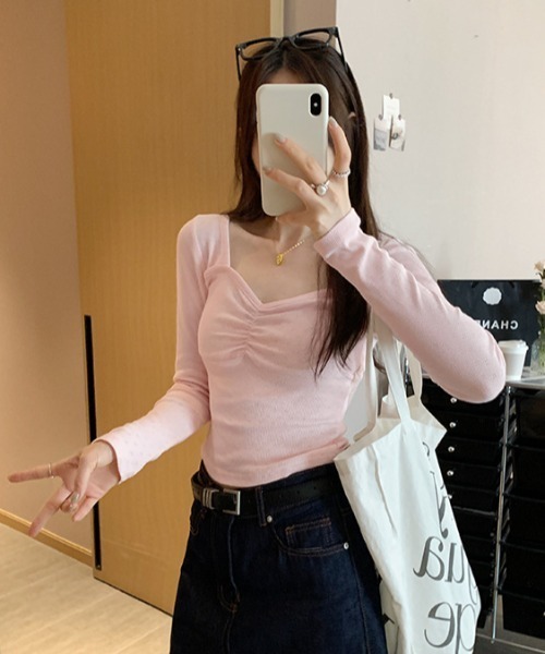 LAC-VERT（ラック・ヴェール）の「ギャザータイトフィットトップス（Tシャツ/カットソー・レディース・ホワイト/ピンク/イエロー/ブラック・FREE）」の14枚目の写真