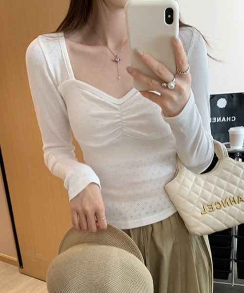LAC-VERT（ラック・ヴェール）の「ギャザータイトフィットトップス（Tシャツ/カットソー・レディース・ホワイト/ピンク/イエロー/ブラック・FREE）」の6枚目の写真