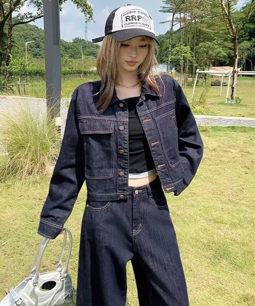 ADDITION STORE(アディションストア)の「\着回し◎秋冬春にオススメ/ビッグポケット インディゴデニム ショート丈 ブルゾン / Gジャン(デニムジャケット・レディース・ネイビー・SMALL/MEDIUM/LARGE)」の5枚目の写真