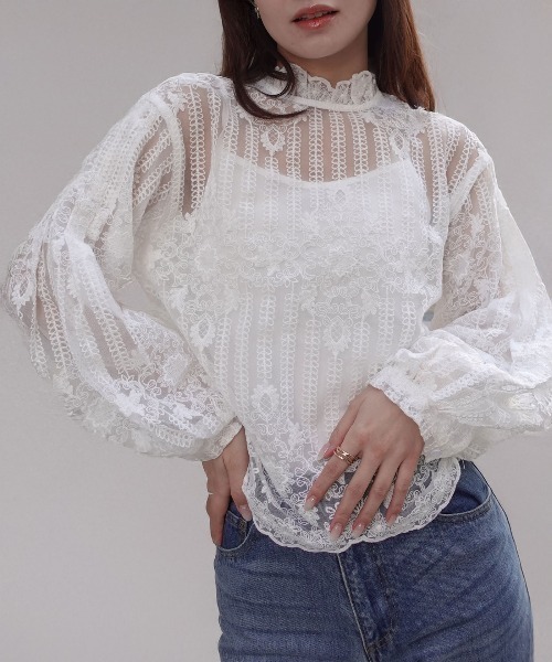 CORNERS(コーナーズ)の「ボリュームスリーブハイネックレーストップス(インナー付き)(シャツ/ブラウス・レディース・ホワイト/ベージュ系その他/ブラック・M)」の16枚目の写真